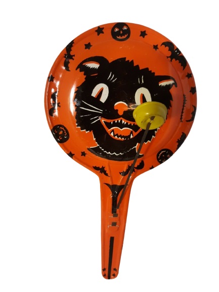 Vintage Halloween Noisemaker Black Cat with Bats and Stars