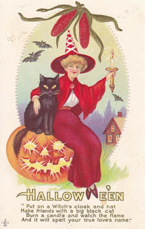 Vintage Halloween Postcard Red Witch Black Cat