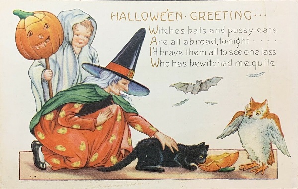 Vintage Whitney Halloween Postcard Witch Owl Cat Bats