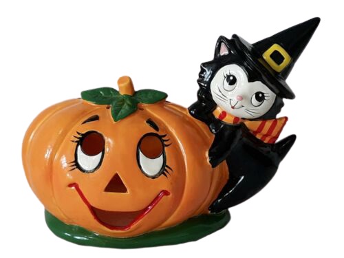Lefton Halloween Candle Holder Pumpkin Black Cat Figurine 1985