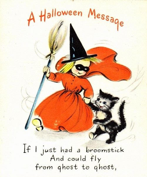 Vintage Hallmark Halloween Card Witch Girl and Black Cat