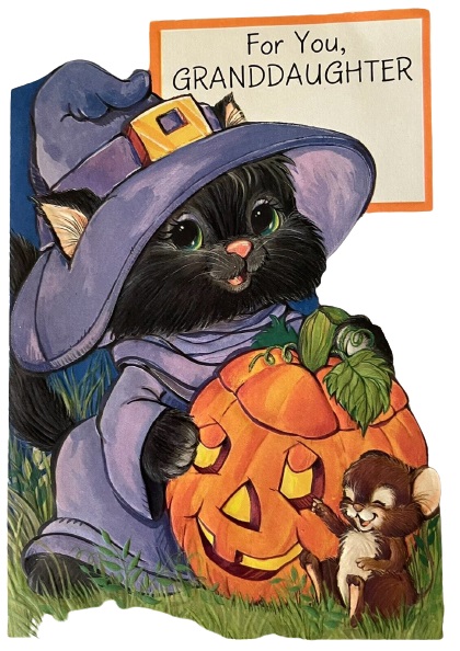 Vintage Hallmark Halloween Greeting Card Black Kitten in Purple Witch Costume