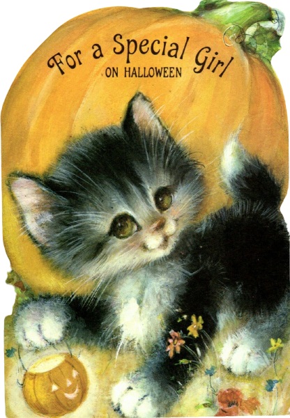 Vintage Hallmark Halloween Greeting Card Cat holding Jack O Lantern
