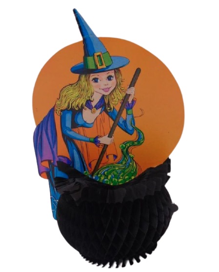 Vintage Beistle Honeycomb Halloween Decoration Pretty Witch with Cauldron