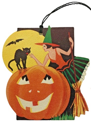 Vintage Halloween Tally Card Pretty Witch and Cat on Pumpkin