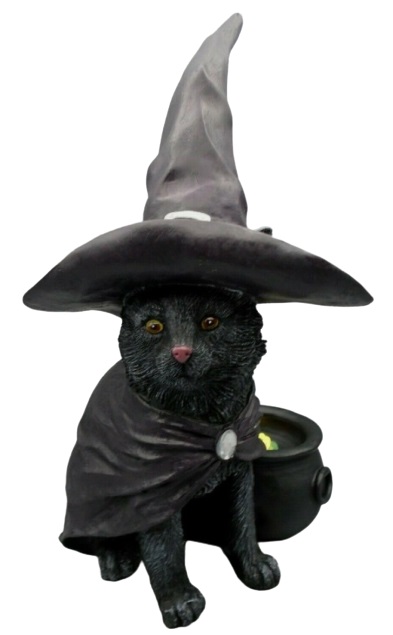 Halloween Black Cat in Witch Hat with Light Up Cauldron Decoration
