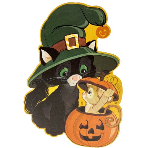 Hallmark Halloween Decoration Black Cat and Brown Mouse Inside Pumpkin