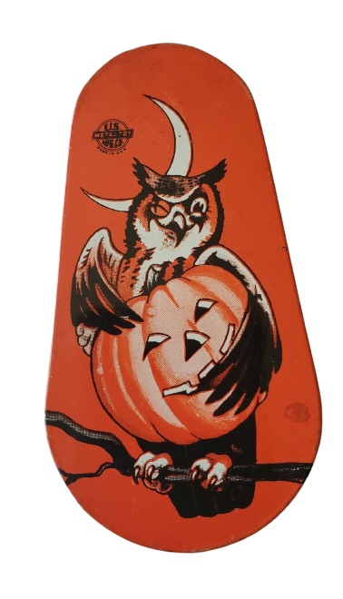 Vintage Halloween Noisemaker Winking Owl holding Jack O Lantern