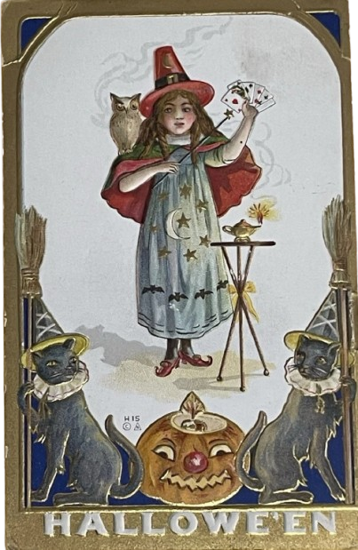 Antique Nash H-15 Halloween postcard featuring a young witch holding playing cards with an owl, magic wand, cats and jack-o'-lantern