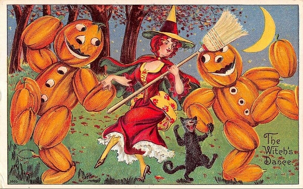The Witch's Dance Julius Bien Postcard Dancing Red Witch Pumpkin Men and Black Cat