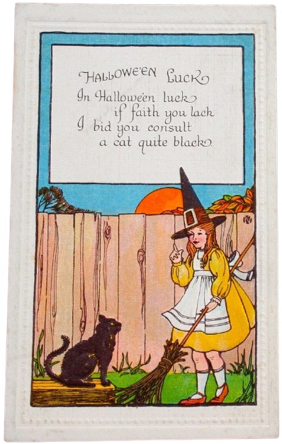 Vintage Halloween Postcard Bergman Girl Witch Broom Black Cat