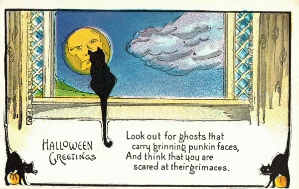 Vintage Halloween Postcard Cat Looking out Window at Moon