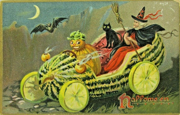 Vintage Halloween Postcard Tucks Watermelon Car with Witch and Black Cat