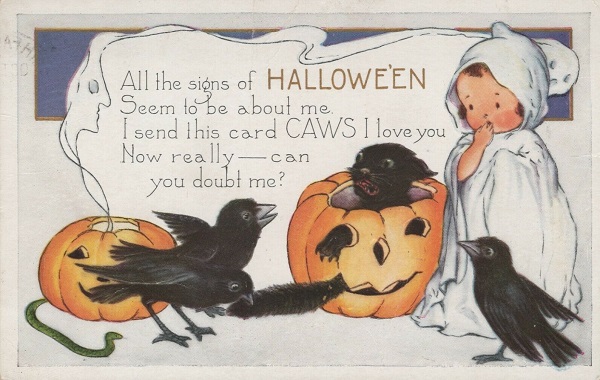 Vintage Halloween Postcard Whitney Cat and Crows