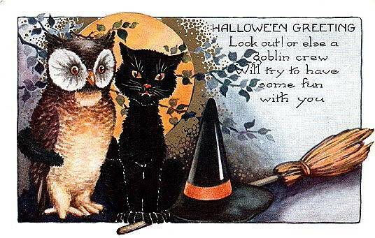 Vintage Halloween Postcard Whitney Cat and Owl Greetings