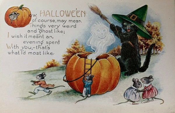 Vintage Halloween Postcard Whitney Cat and Mice with Ghost Rising from Pumpkin