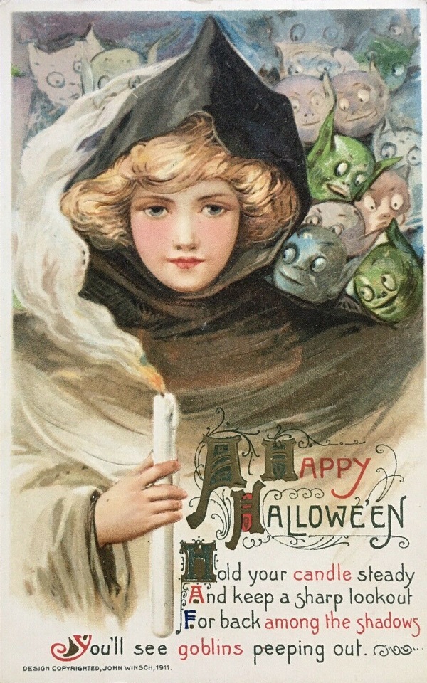 Vintage Halloween Postcard Winsch Hooded Girl holding Candle and Goblins