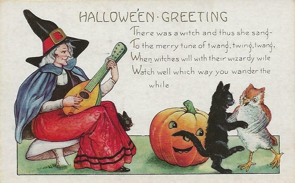 Witch Plays Mandolin Cat Owl Dance Halloween Postcard